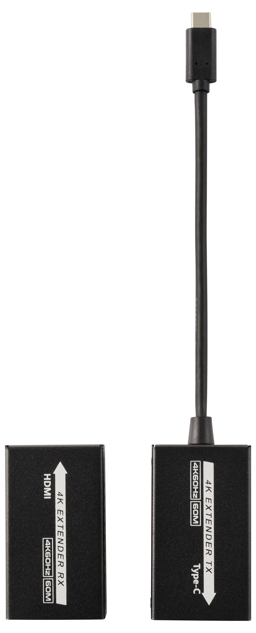 An HDMI to USB-C adaptor cable with two black end pieces, labelled: 'HDMI 4K Extender TX' and 'Type C 4K Extender RX'.