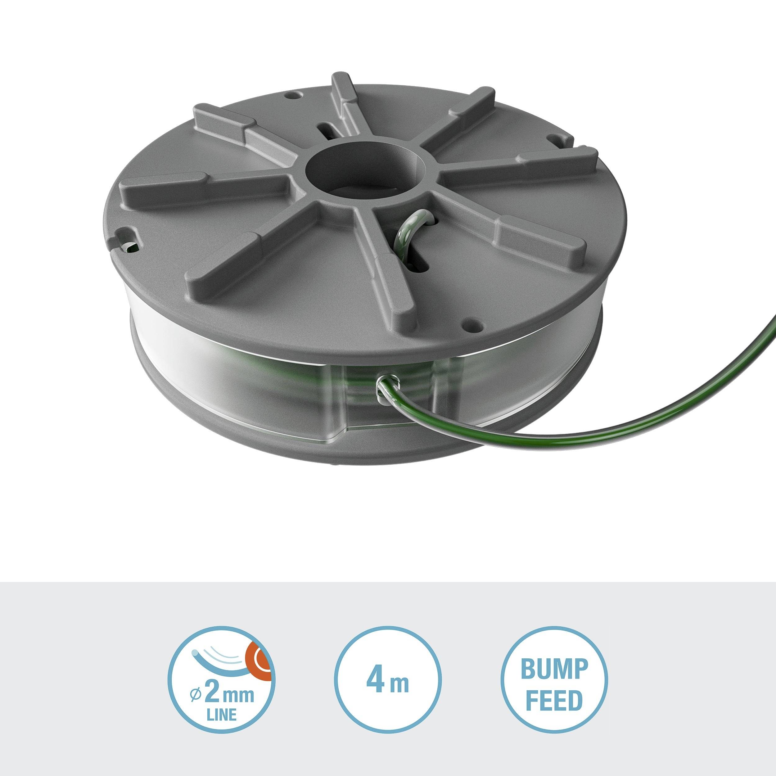 Reel with green thread, length 4 m, 2 mm diameter, with feed mechanism indicated.