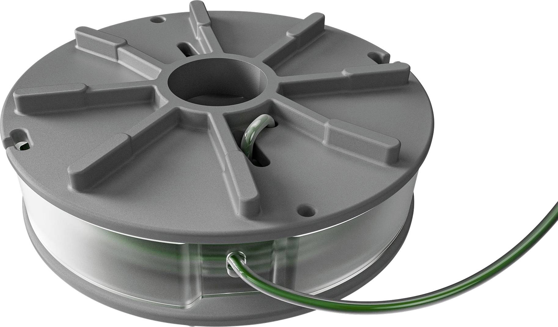 A grey cable reel with a green cable leading out from the reel.