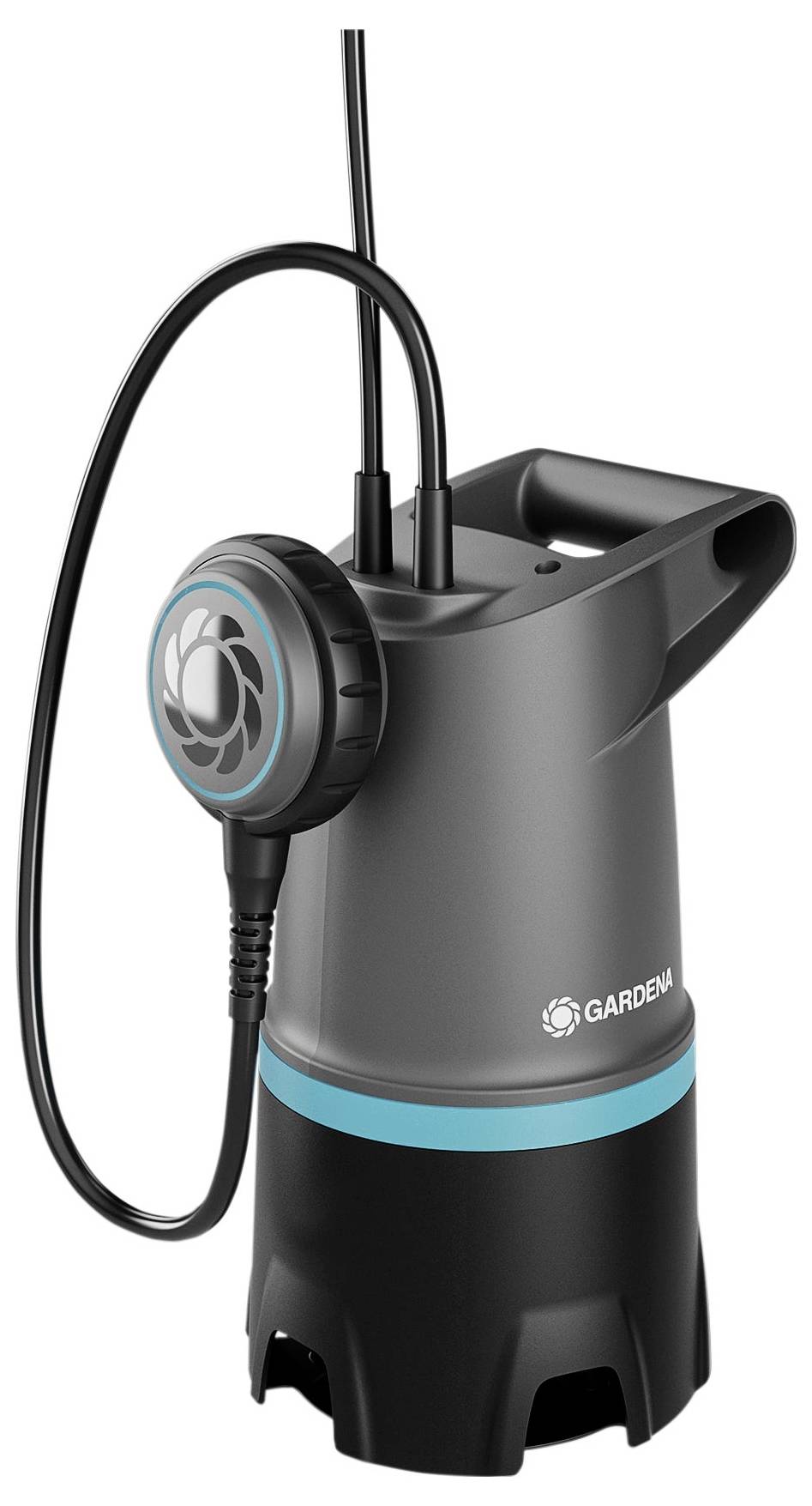 Gardena submersible pump in grey and black with a blue accent stripe and built-in handle, used for water transportation.