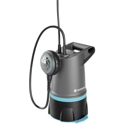 'Close-up of a black and blue Gardena electric water pump, suitable for drainage and water supply.'