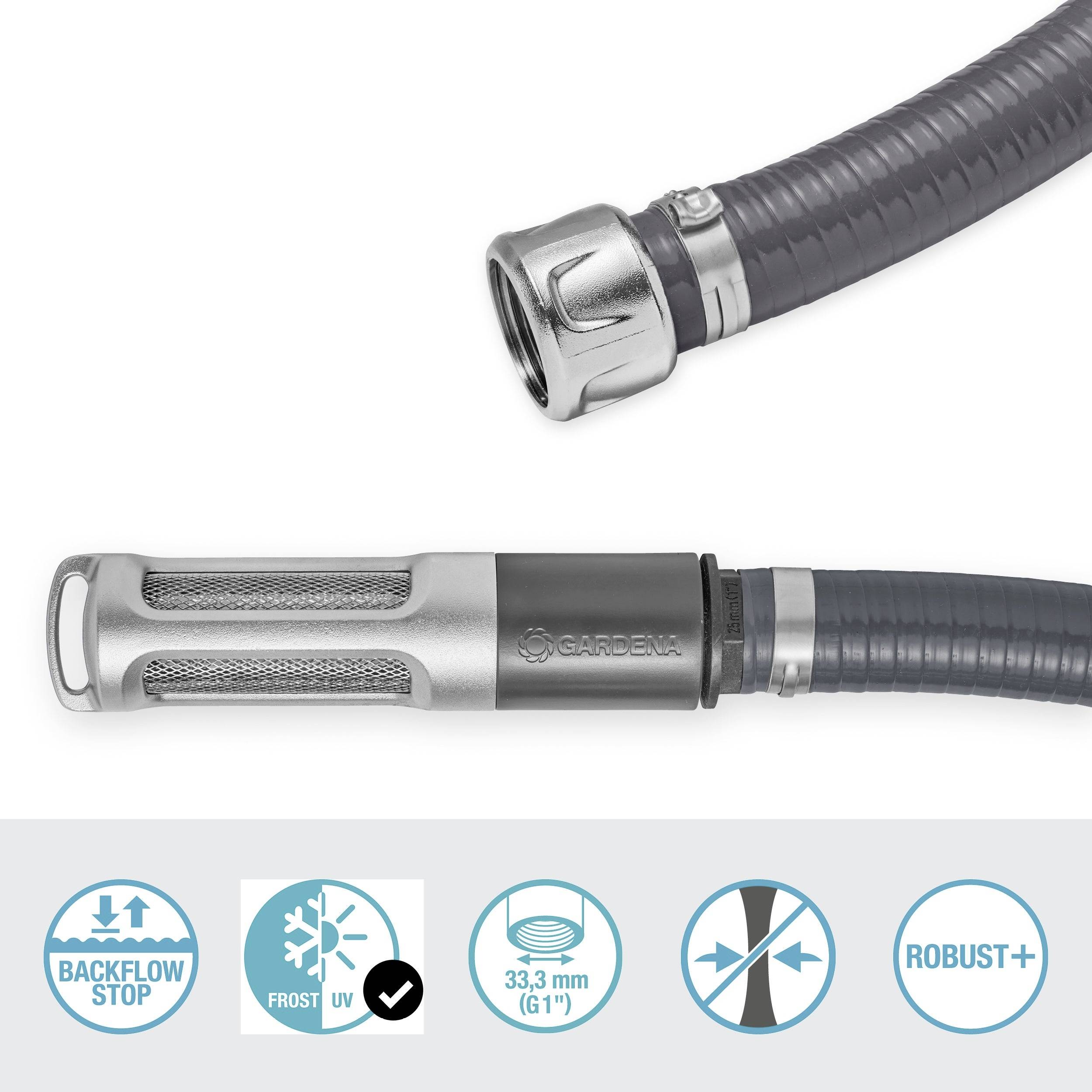 A grey garden hose with end piece, alongside symbols: frost protection, 33.3 mm size, crease-resistant, robust.