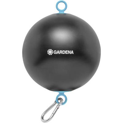Black ball with the 'GARDENA' lettering in the centre, fitted with blue eyelets at the top and bottom, with a carabiner hook at the bottom.