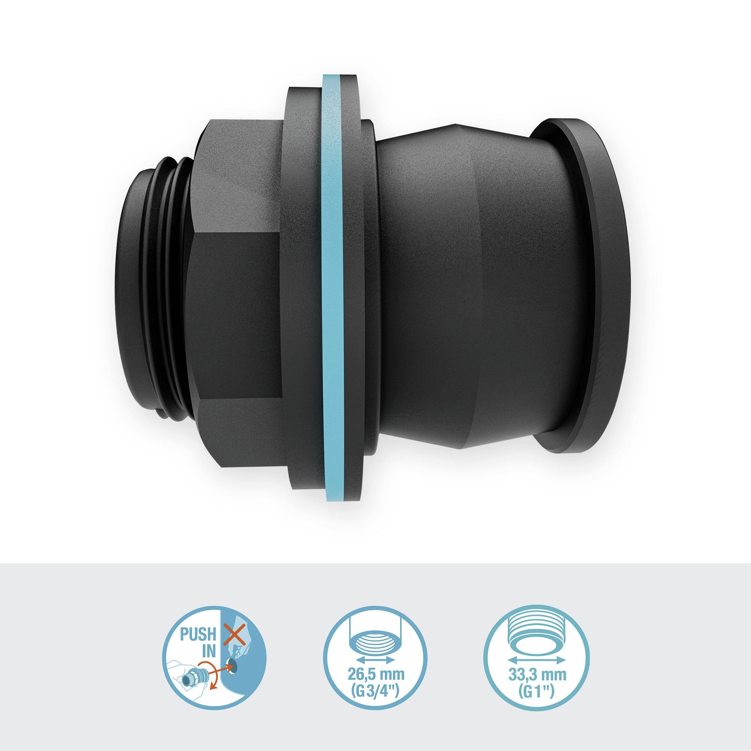 Cable gland with seal and locknut, diameter: 26.5 mm (6/3/4") and 33.3 mm (6/1"). Symbol indicates 'Push In' installation.