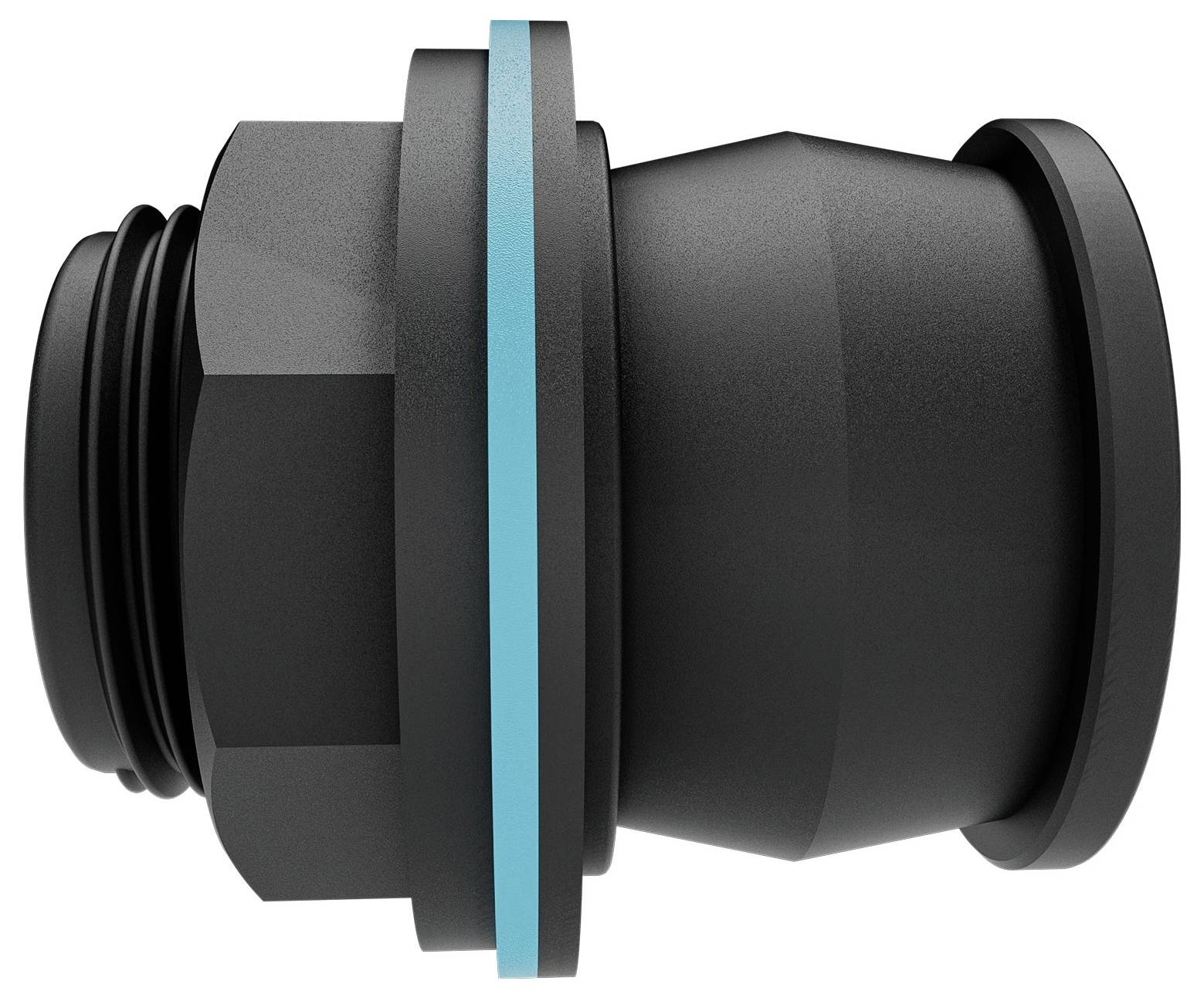 Black, cylindrical plastic connector with a blue sealing line, side view. Connects pipes in technical applications.