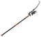 Telescopic pruning saw with red handle, long adjustable handle, and grey blade, suitable for cutting high branches.