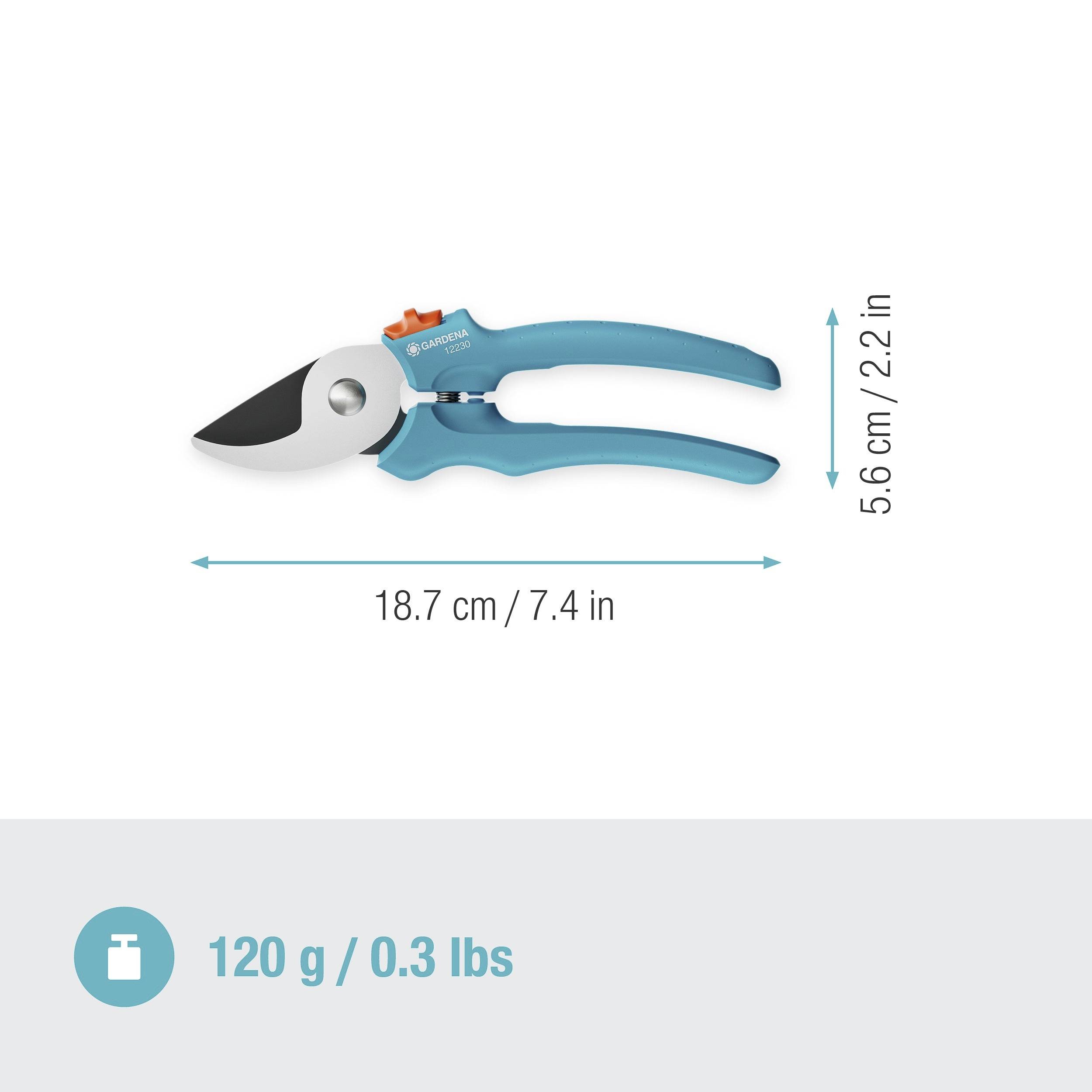 A garden secateurs with a blue handle, length 18.7 cm. Weight: 120 g.