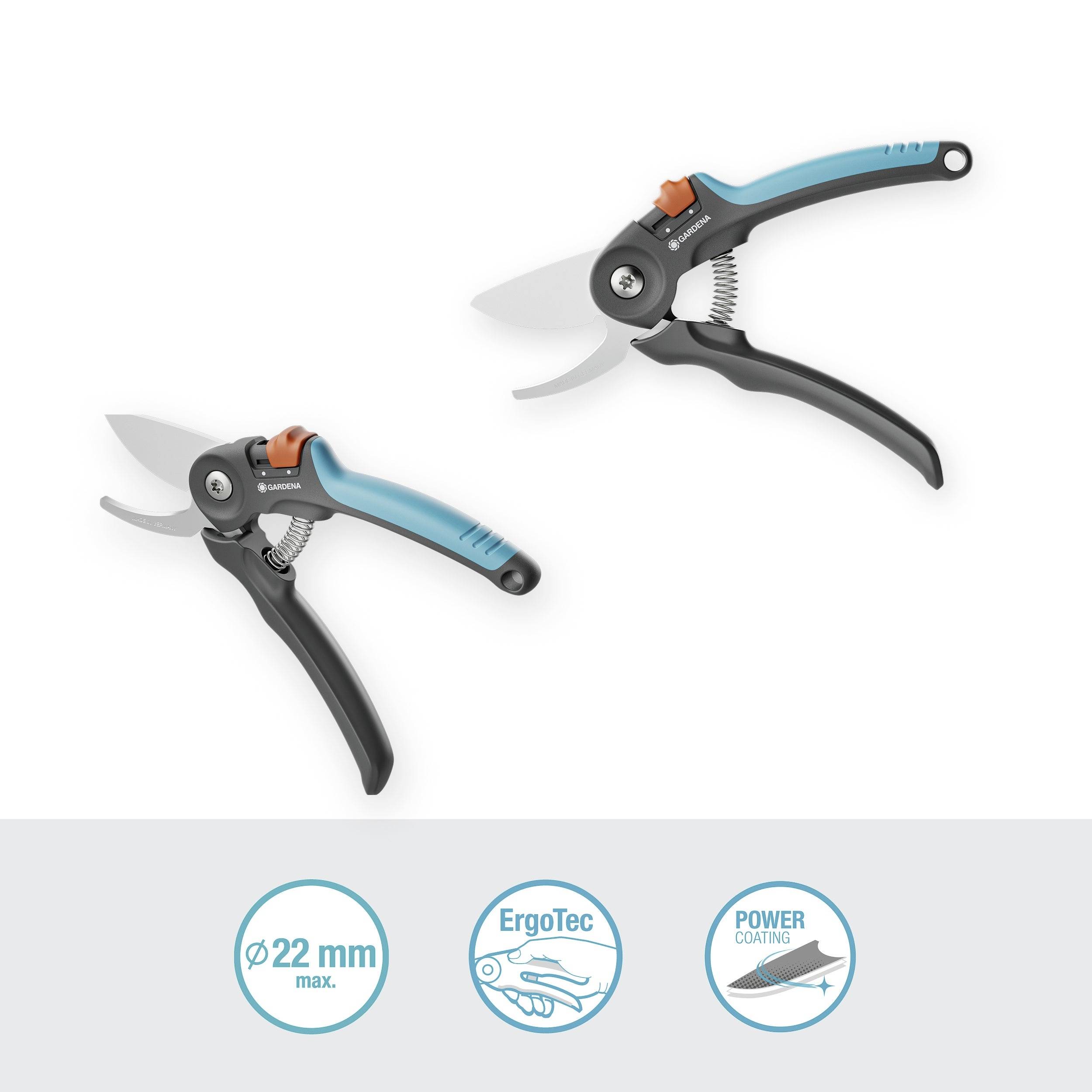 Two garden secateurs with blue handles and silver blades, suitable for branches up to 22 mm, featuring 'ErgoTec' and 'Power Coating' technology.