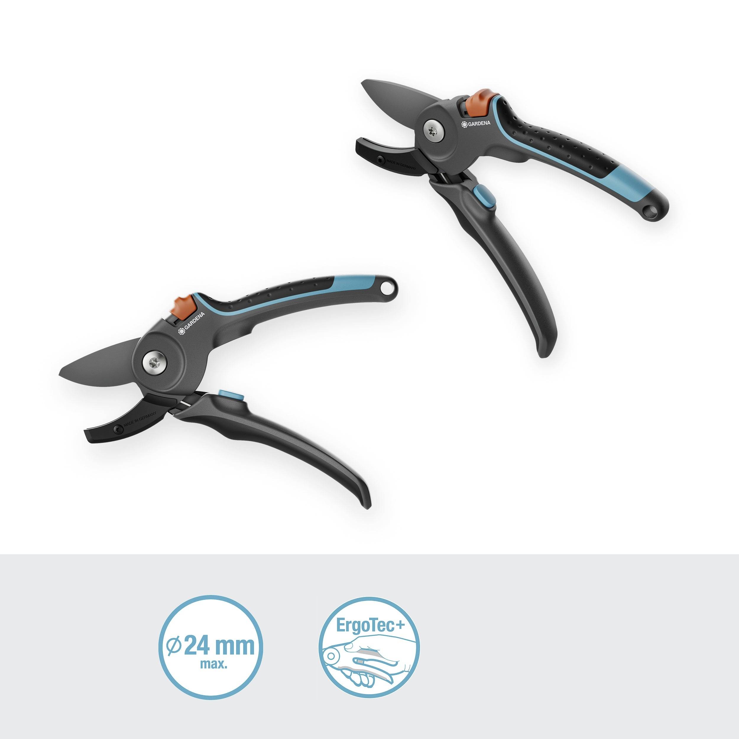 Two black garden shears with blue-black handles, capable of cutting up to 24 mm. A label reads 'ErgoTec+' indicating ergonomic handling.