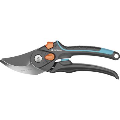 A garden secateurs with ergonomic design, black and blue with orange accents. Brand 'Gardena'.
