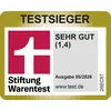 Stiftung Warentest 'Testsieger' badge with rating 'SEHR GUT (1,4)' for issue 05/2026.