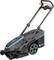Electric lawnmower with black and blue design, robust handle and functional buttons, standing on a black background.