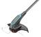 An electric lawn trimmer with a grey and blue casing, fitted with a safety shield and a cutting head with nylon lines.