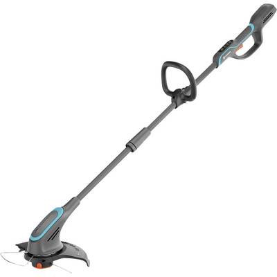 A battery-powered lawn trimmer with an ergonomic handle and telescopic shaft. Suitable for cutting lawn edges and hard-to-reach areas.