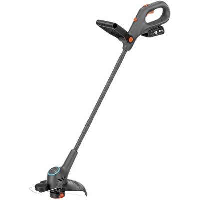 Electric lawn trimmer with ergonomic handle and long shaft, ideal for trimming lawn edges in gardens.