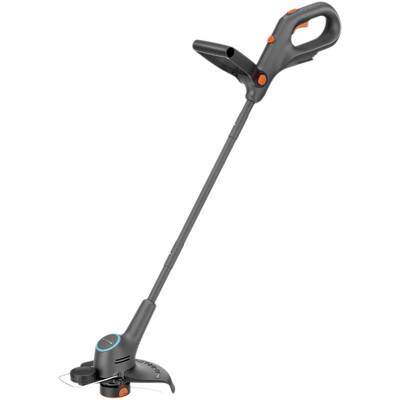 An electric lawn trimmer with a long handle and a cutting head underneath, suitable for trimming lawn edges.