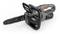 Electric chainsaw with grey casing and black blade. Battery-powered, ergonomic handle, suitable for garden work.