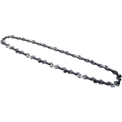 A metal chainsaw chain in an oval shape lies on a white background.
