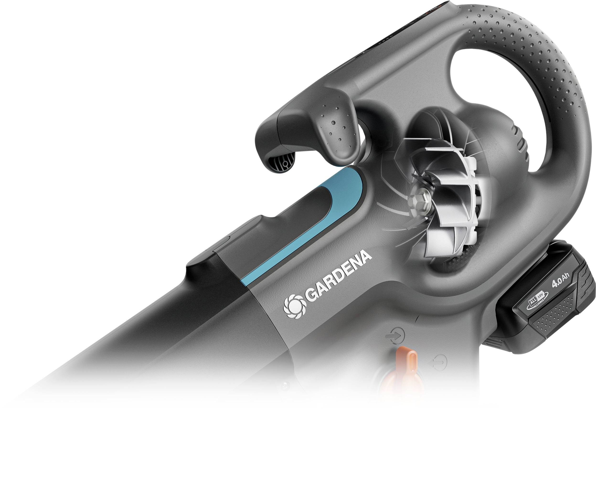 Electric leaf blower by Gardena, black design with ergonomic handle, brand logo and visible turbine.