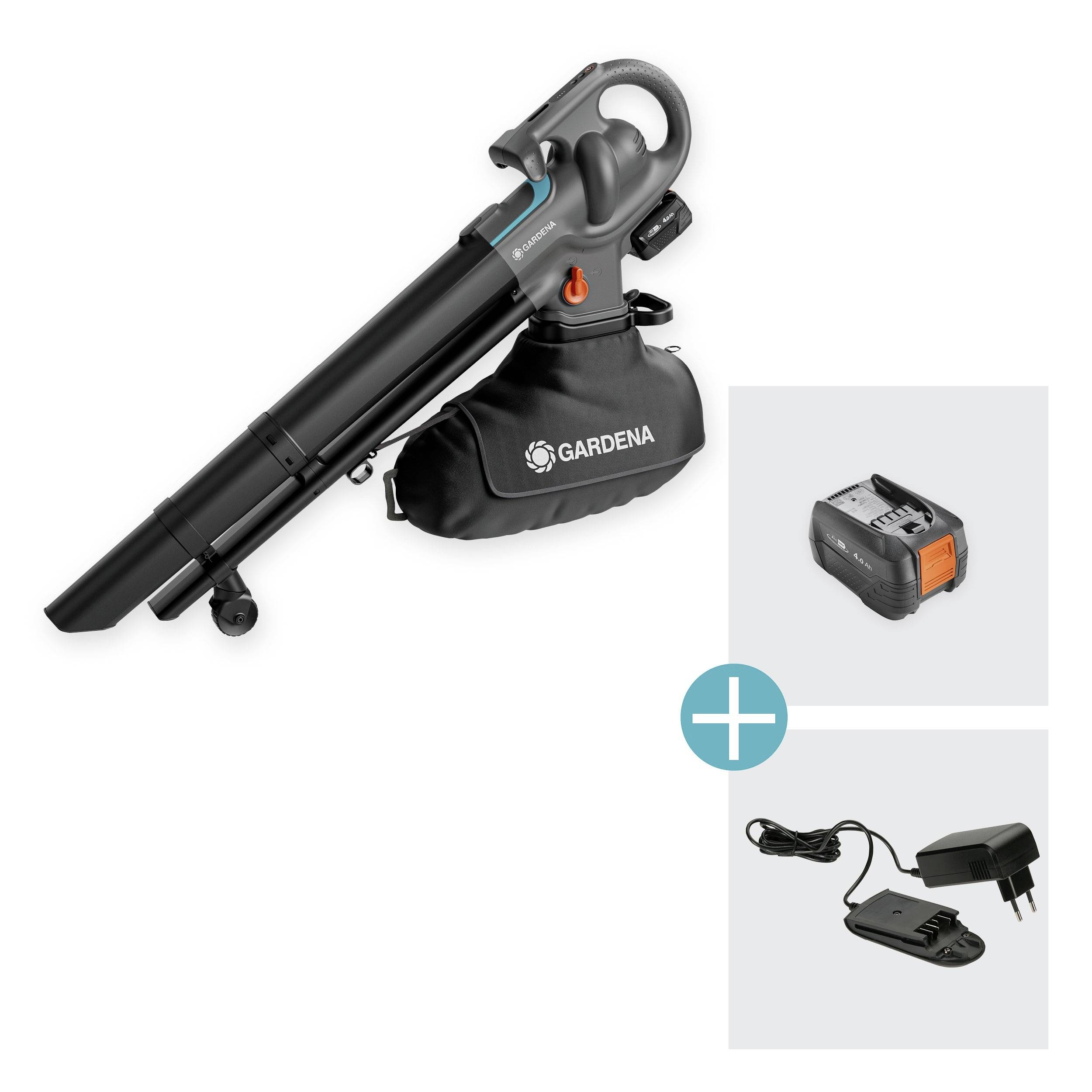 Battery-powered leaf blower. Includes a battery and charger. Suitable for vacuuming and blowing leaves in the garden.