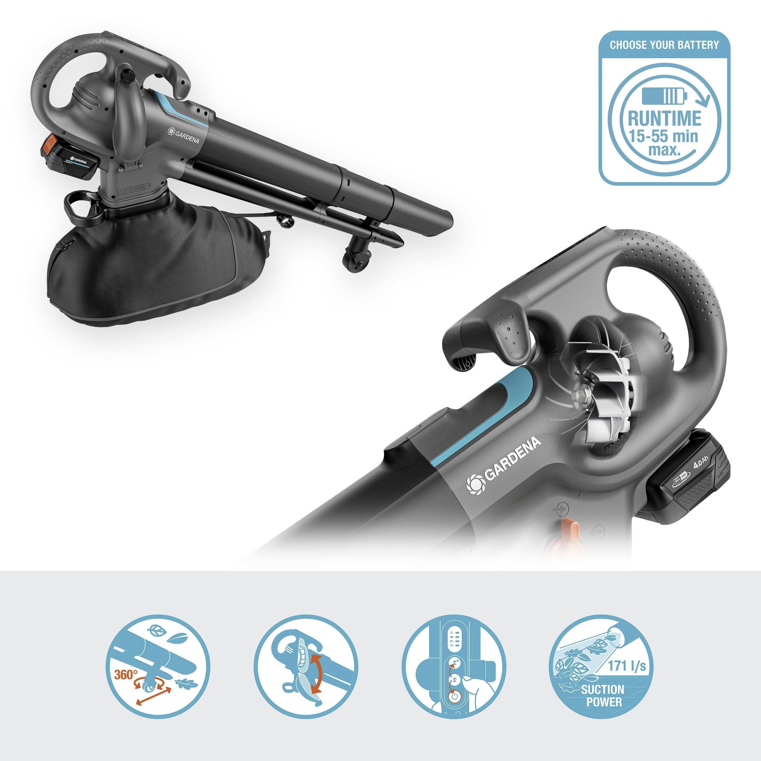 A Gardena leaf blower with suction function, in black design, showing runtime options between 15-55 mins, suction capacity of 171 l/s.