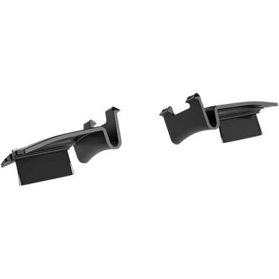 Two black plastic parts in various shapes, possibly technical components, on a white background.