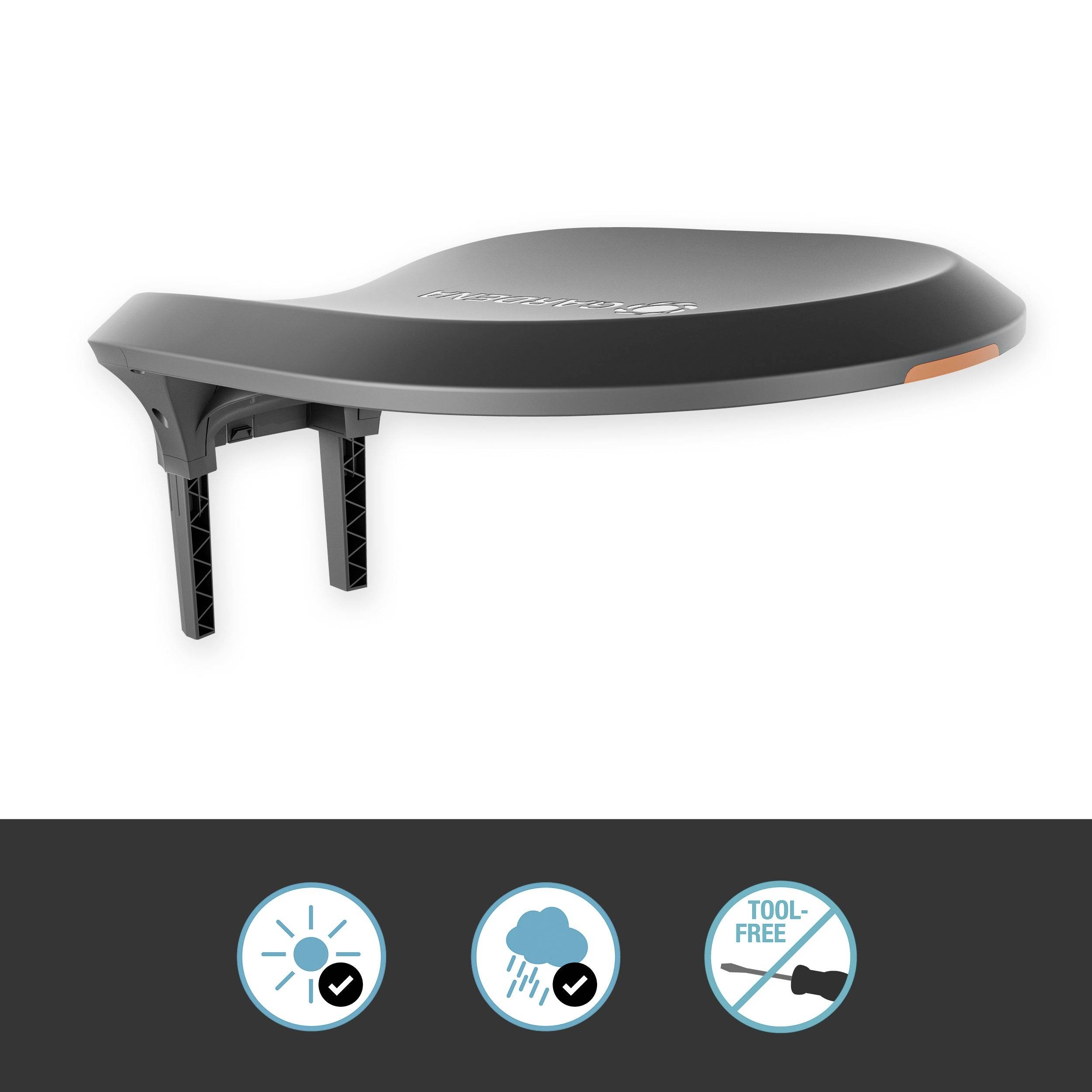 A grey bicycle mudguard for rain protection with two mounting symbols: 'No Tools Required' and 'Weatherproof'. Ideal for cycling in rainy conditions.