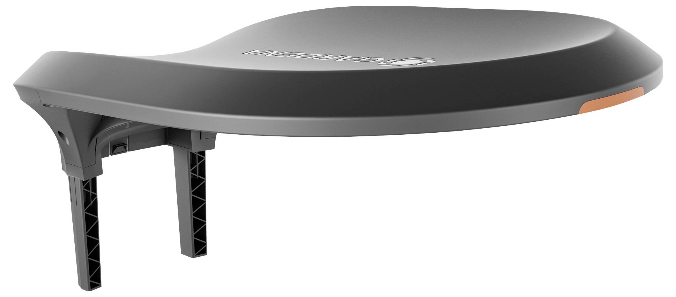 A grey, curved object holder with two black, vertical mounting arms and a small orange detail on the side.