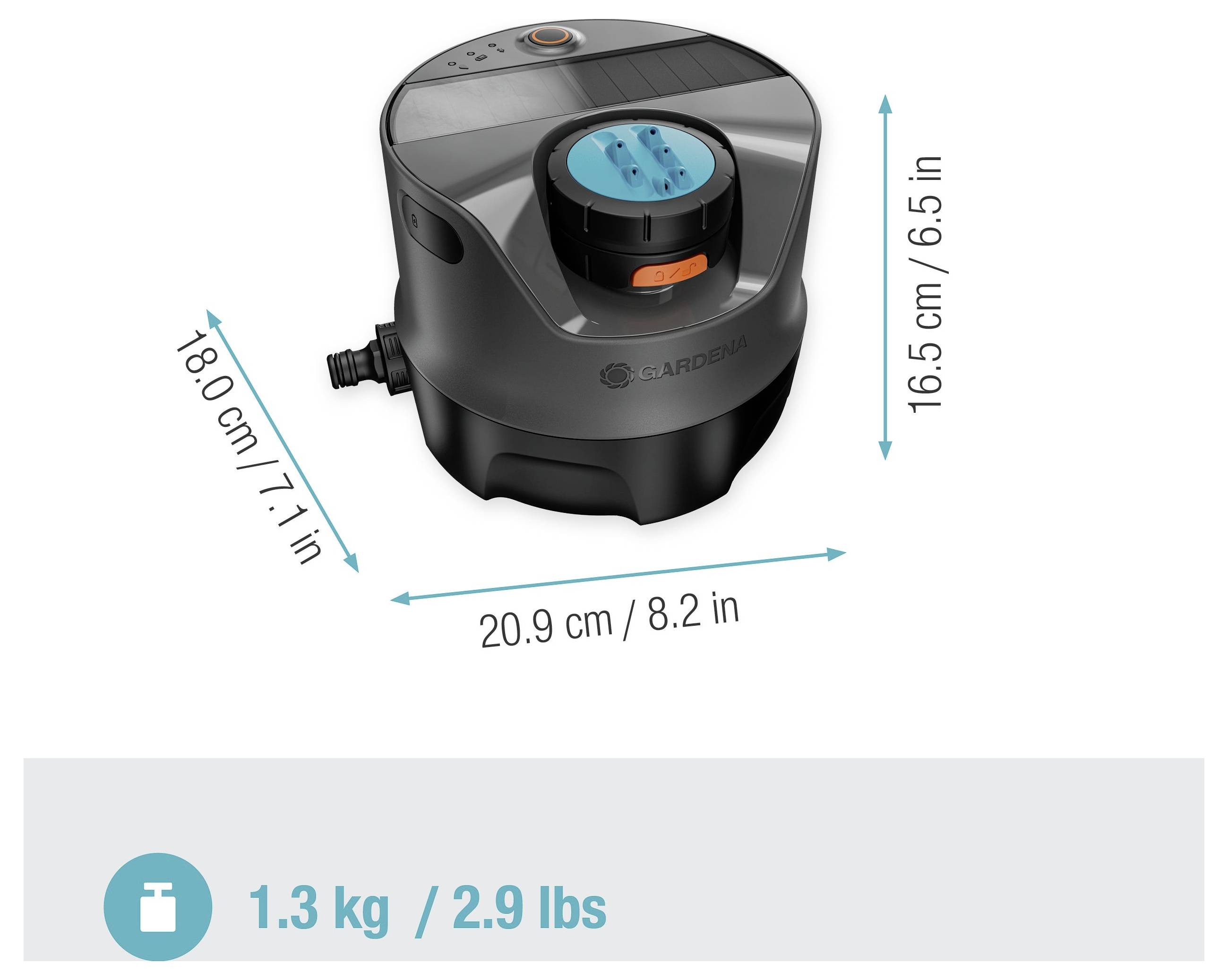 'GARDENA device dimensions: 20.9 cm (8.2 in) wide, 18.0 cm (7.1 in) deep, 16.5 cm (6.5 in) tall. Weight: 1.3 kg (2.9 lbs).'