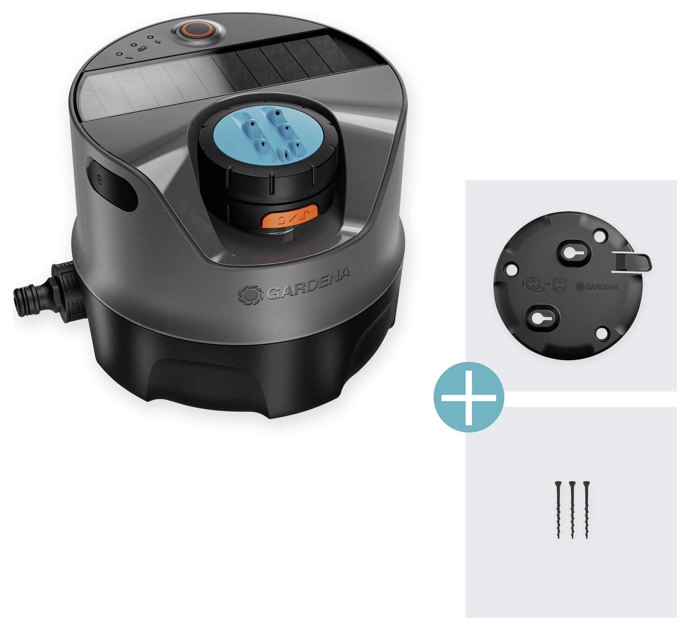 'Gardena irrigation control device with a blue dial and black base, shown with a wall mount and screws for installation.'
