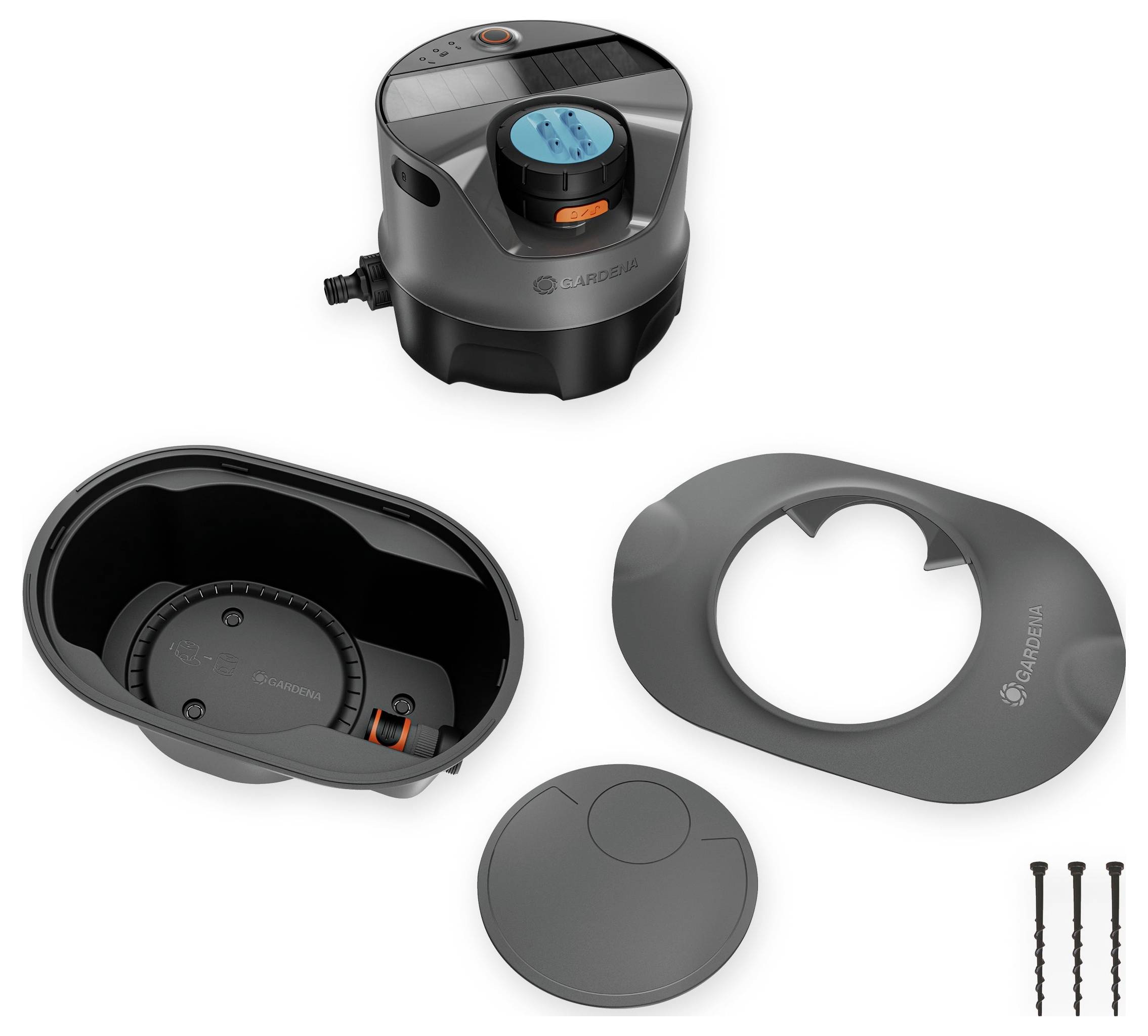 'Irrigation valve with timer and protective cover, top view. Includes mounting hardware and screws for installation.'