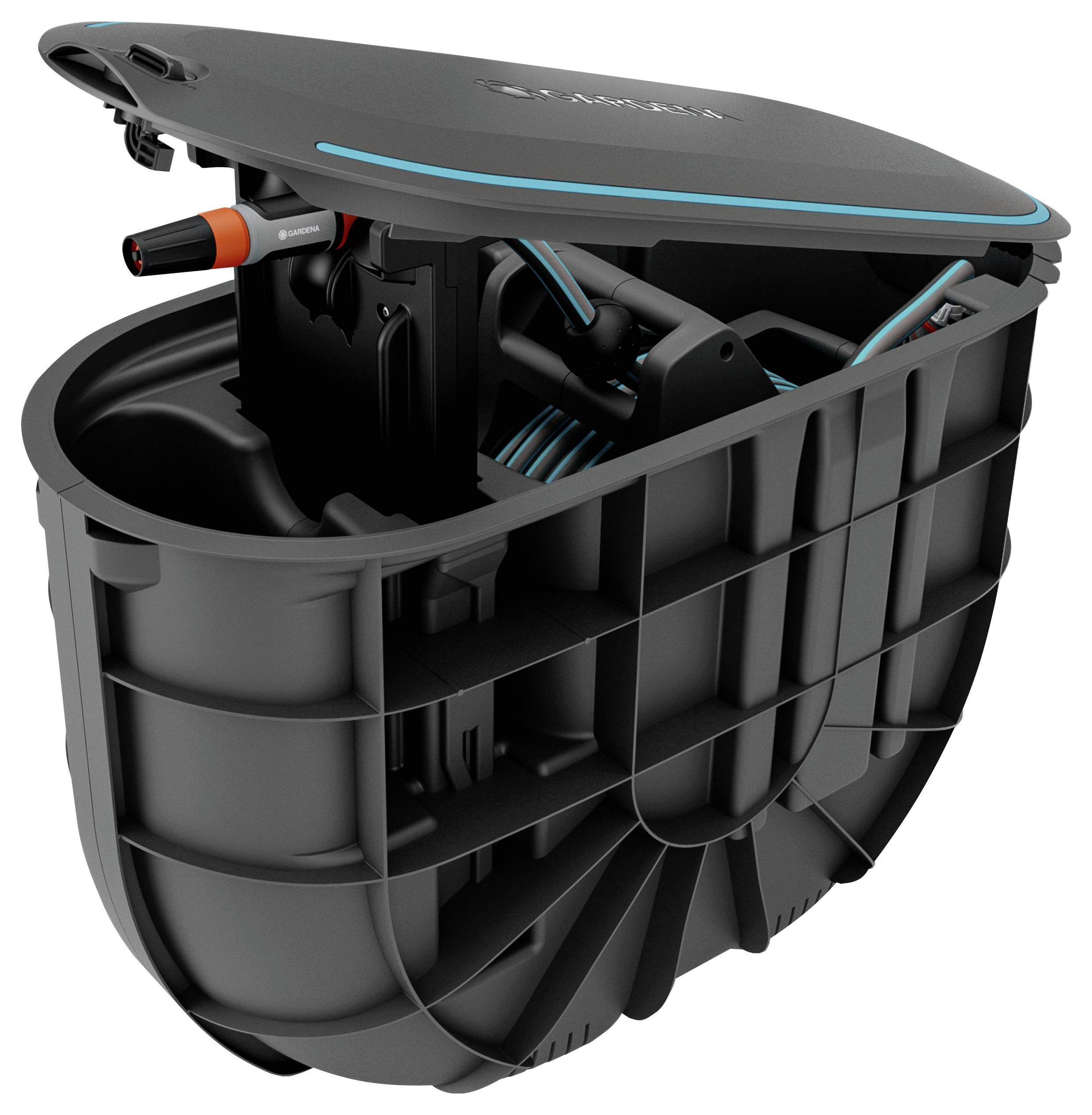 'Gardena' irrigation control system in its opened housing, showing valve and connection components. Specialised design for garden irrigation.