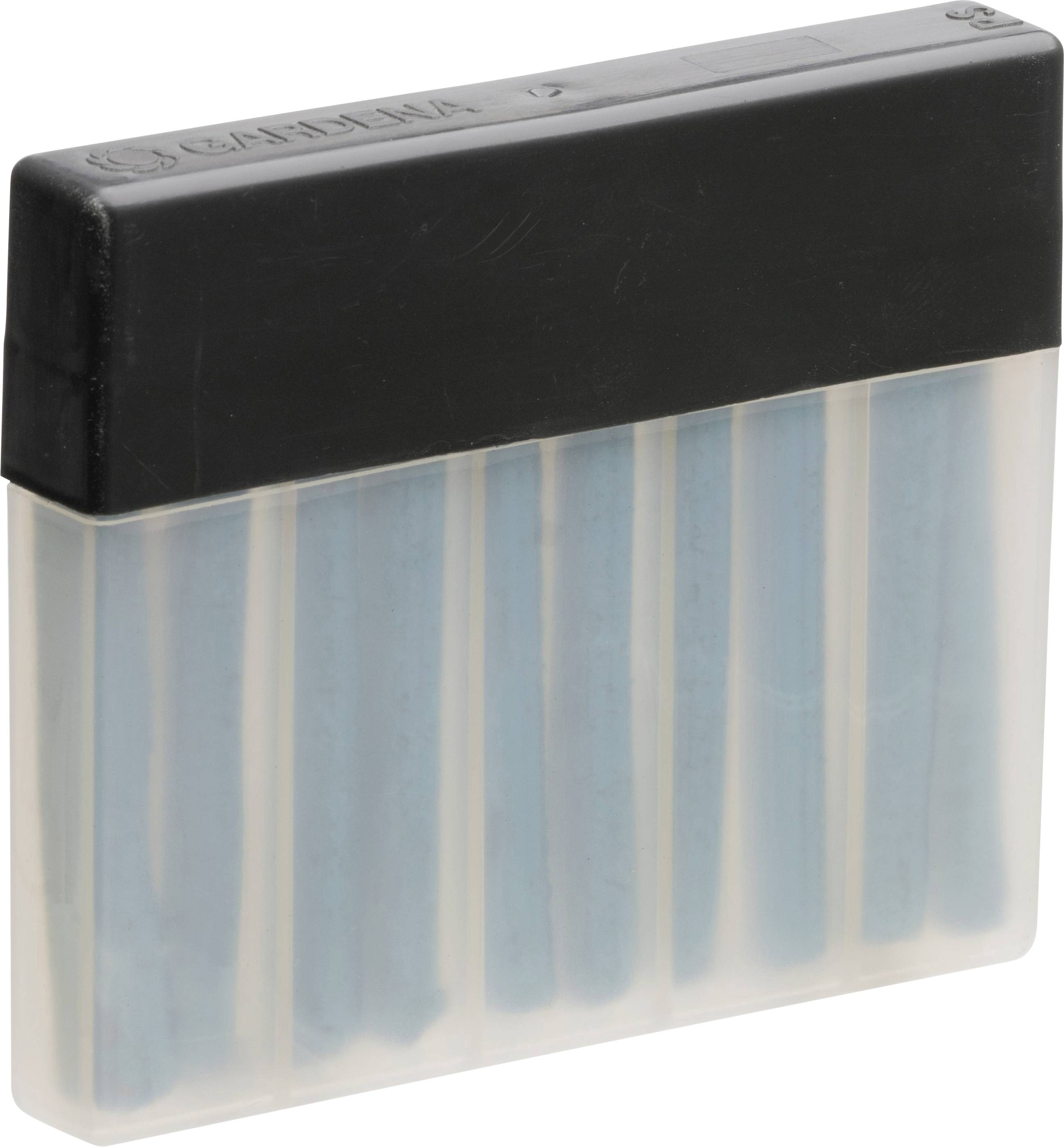 Plastic box with transparent bottom section and black lid, contains six blue rods.