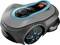 A sleek, gray robotic lawnmower with blue accents and a digital control panel.