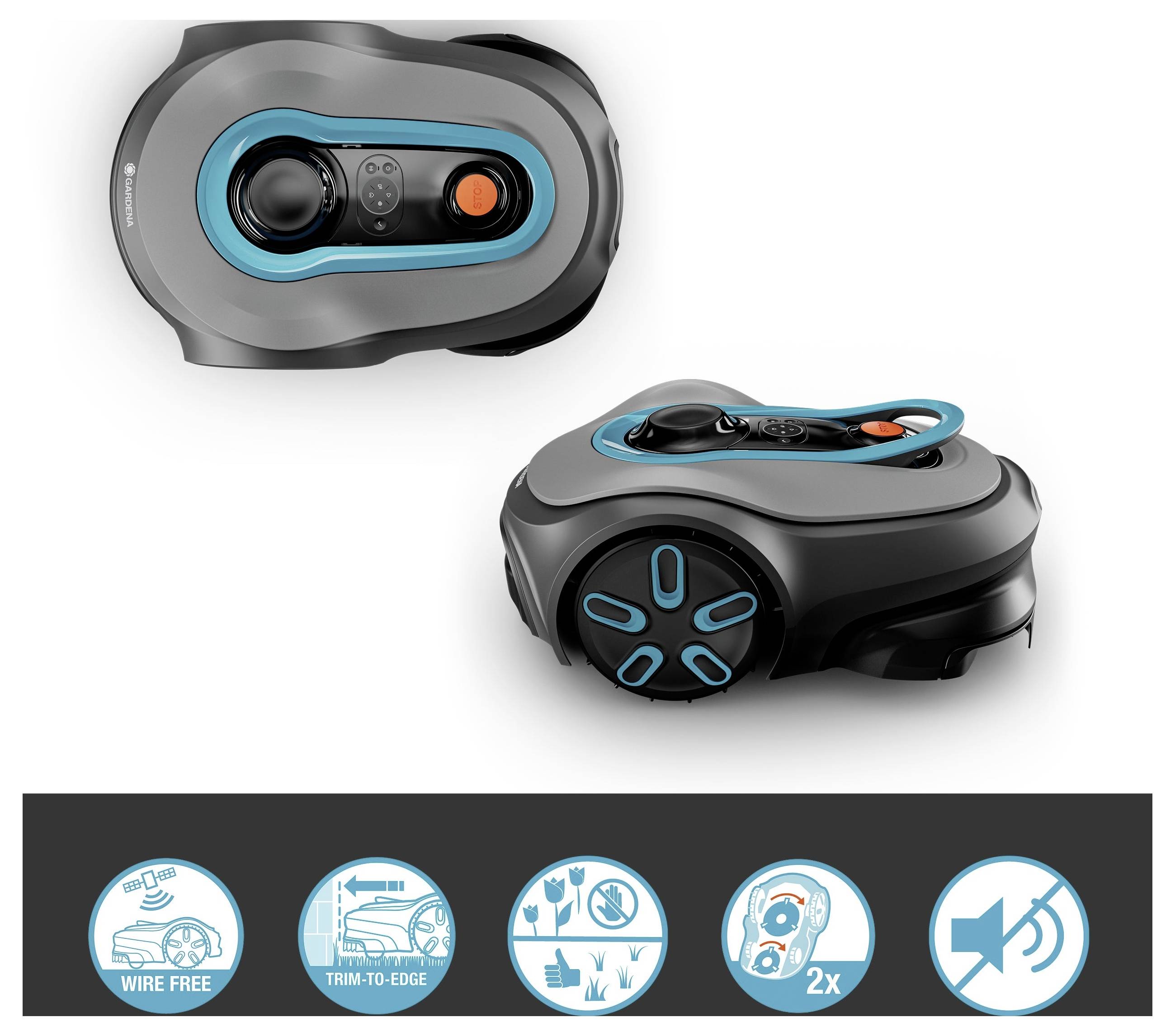 'Two views of a robotic lawn mower with an orange button and blue accents. Features include wire-free operation and enhanced edge trimming.'