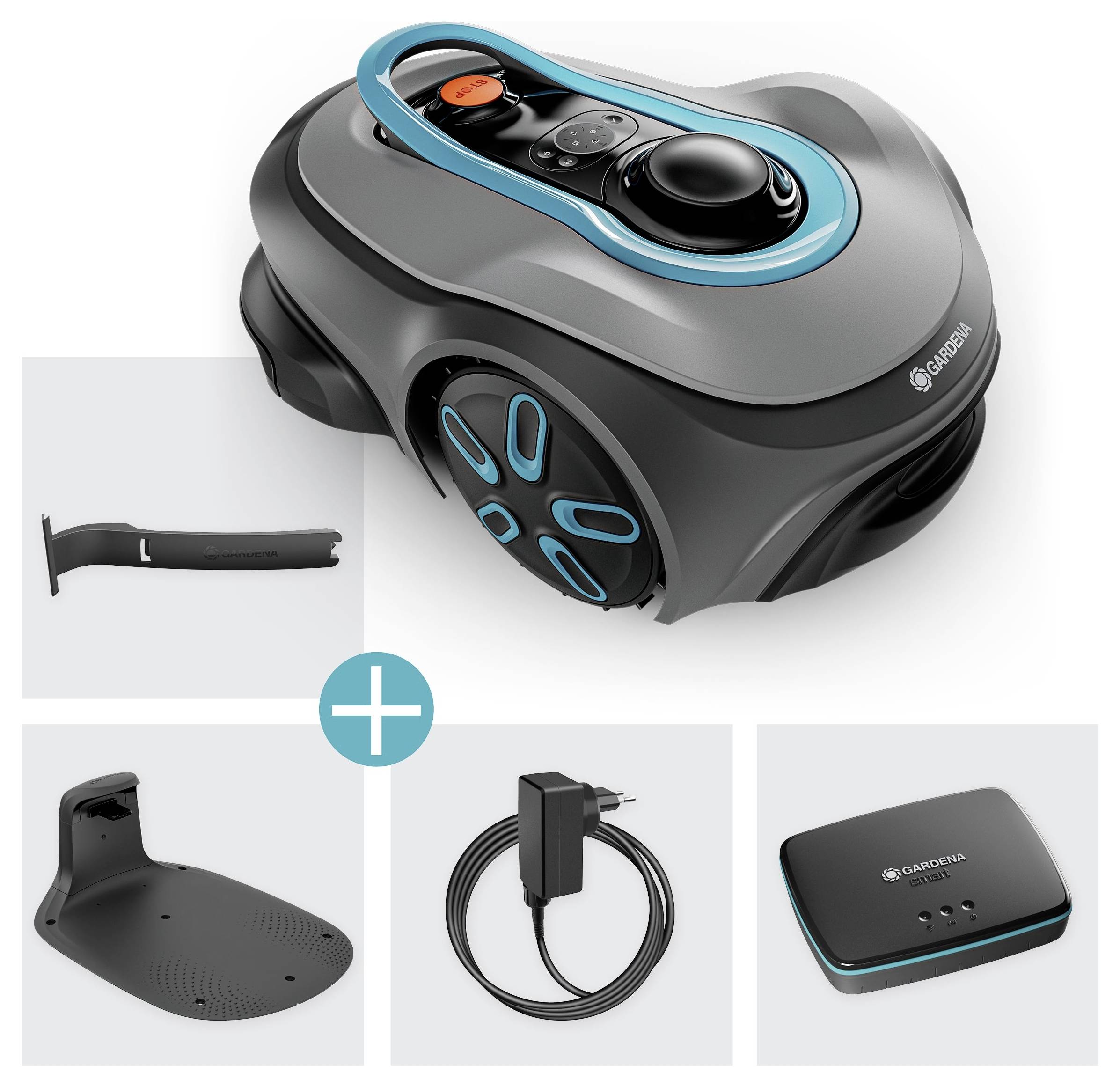 'Gardena robotic lawnmower with control panel on top, charging station, power adapter, and connectivity module included.'