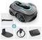 'Gardena robotic lawnmower with control panel on top, charging station, power adapter, and connectivity module included.'