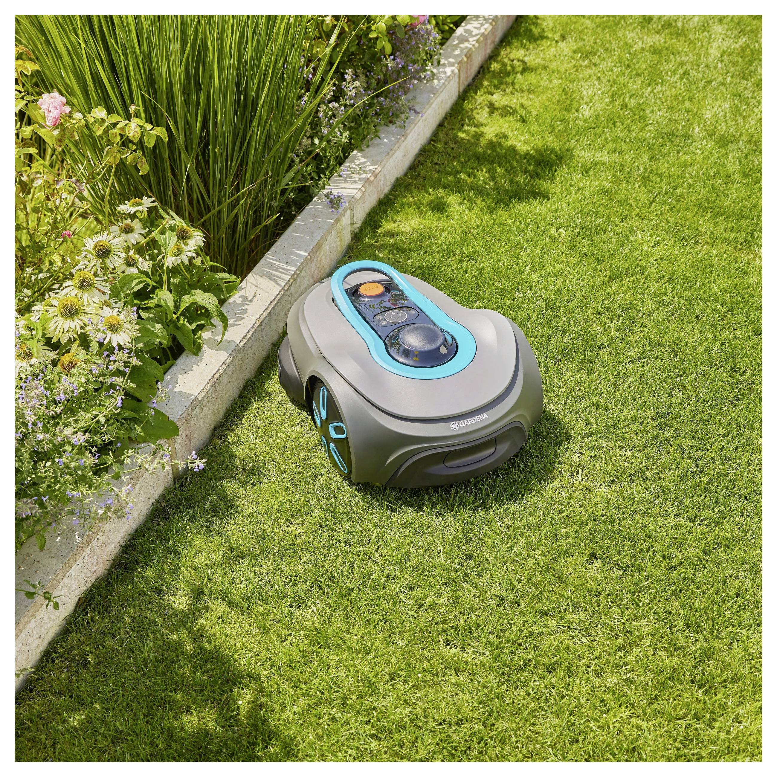 A robotic lawn mower cutting grass near a flower bed, displaying a modern design with blue and black accents, in a garden setting.