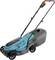 Electric lawnmower with a blue casing and black grass collection box, mounted on four wheels. Suitable for small to medium-sized gardens.