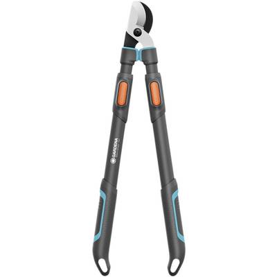 Pruning shears with ergonomic handles and a sharp blade, suitable for cutting thick branches in gardening.