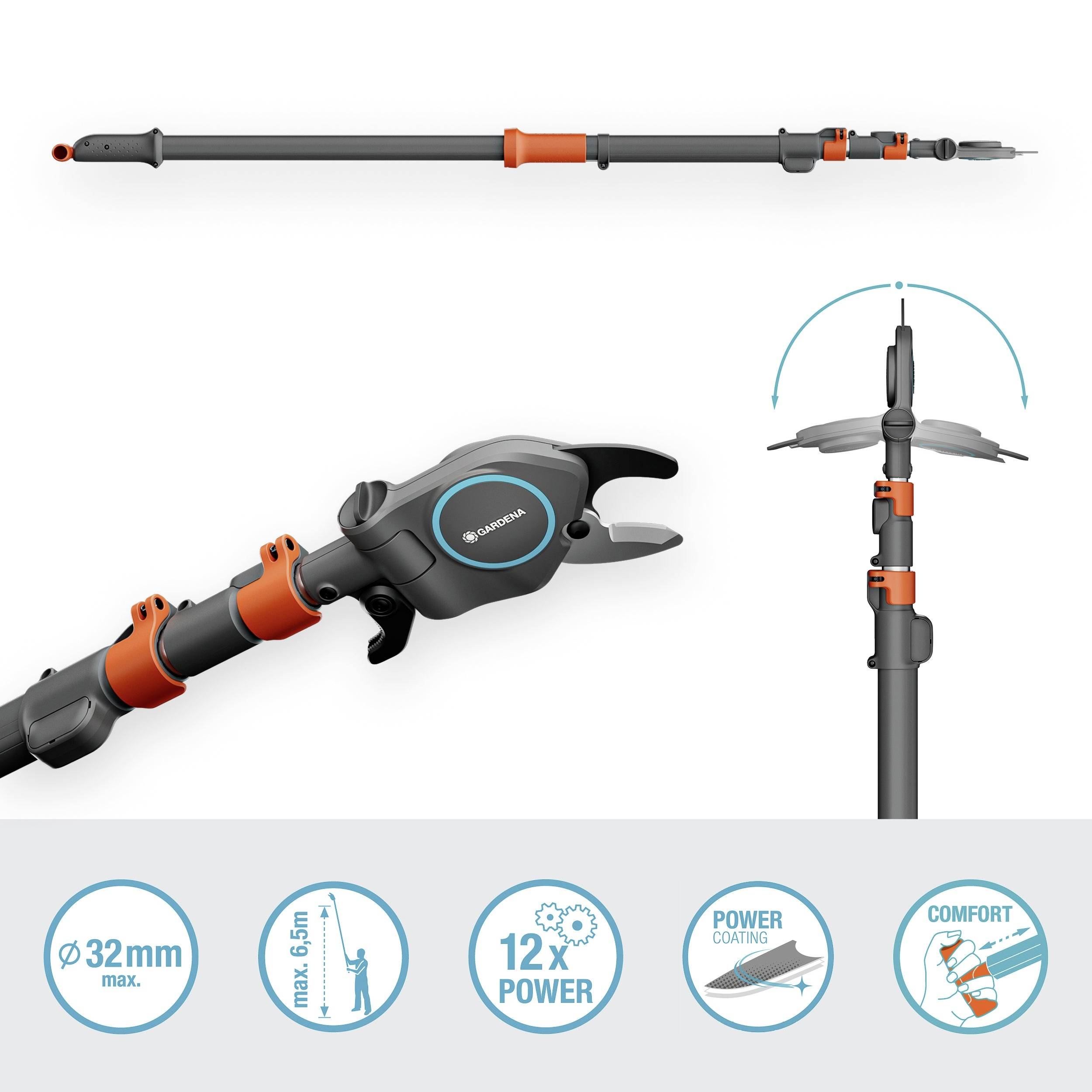 A telescopic branch cutter with an orange-black handle and adjustable cutting head. Symbols indicate functions: cutting diameter, length, force amplification, non-stick coating, and comfort grip.