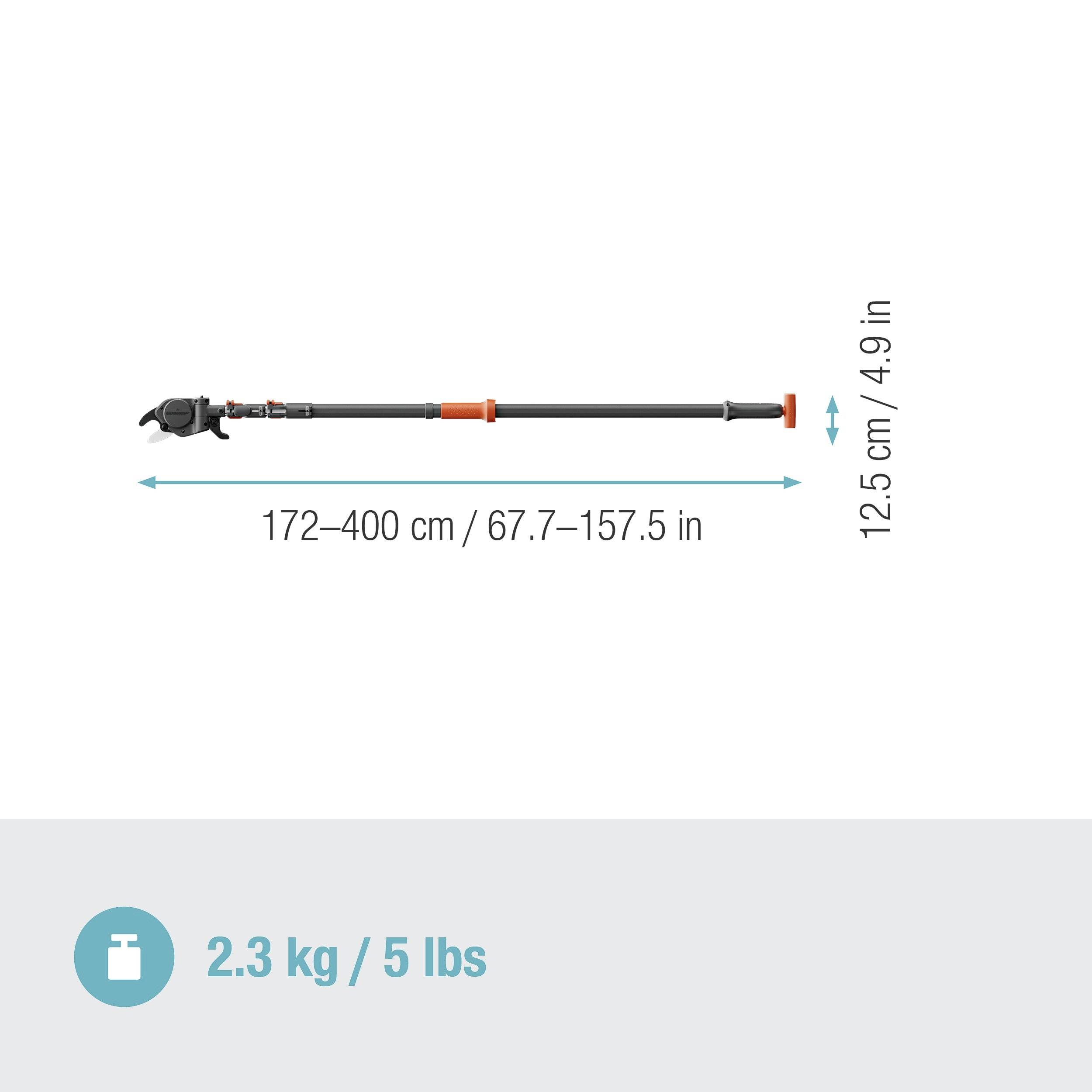 Telescopic tree pruner with a length of 172–400 cm and a weight of 2.3 kg. Suitable for cutting high branches.