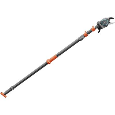 Telescopic pruning shears with grey and orange handle, suitable for cutting branches at various heights.