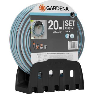 Garden Hose Set 'Gardena Classic', 20 m, 13 mm diameter, including accessories, on black holder.