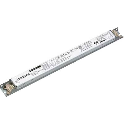 Electronic Philips ballast for fluorescent lamps, oblong and silver, with technical specifications printed on the surface.