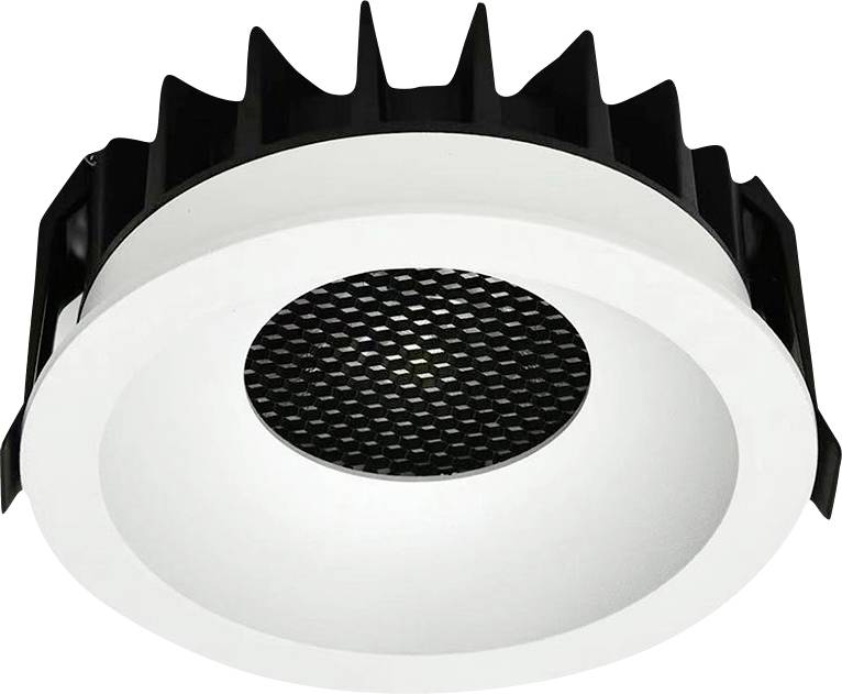 A round LED downlight with a black heatsink and white bezel. A black grid pattern in the centre. Suitable for ceiling mounting.