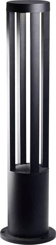 Black, cylindrical floor lamp with vertical struts and a modern design.