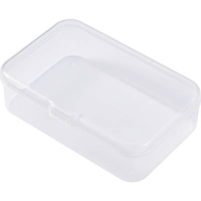 Transparent, rectangular plastic box with a removable lid, suitable for storing small items.