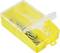 Yellow plastic box with two compartments. Contains silver screws and white wall plugs. Lid is transparent and open.
