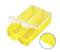 Yellow plastic box with a transparent lid and two locks, divided into four compartments. Detailed view of the locks in a blue circle.